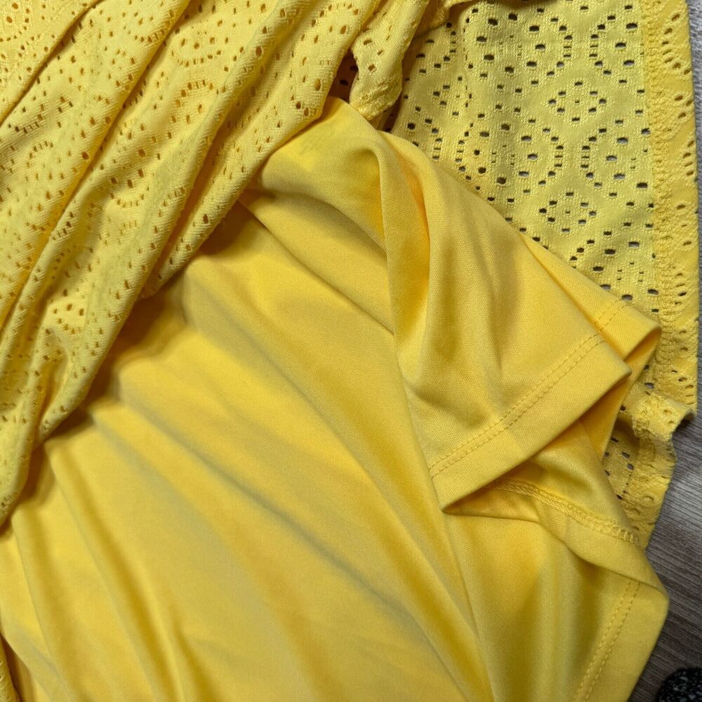 London Times Womens Yellow Crochet Knit Dress NEW 1X Lined Boat Neck Midi Ruffle - Picture 6 of 9
